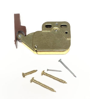 Latch mechanism in brass and brown color, including screws